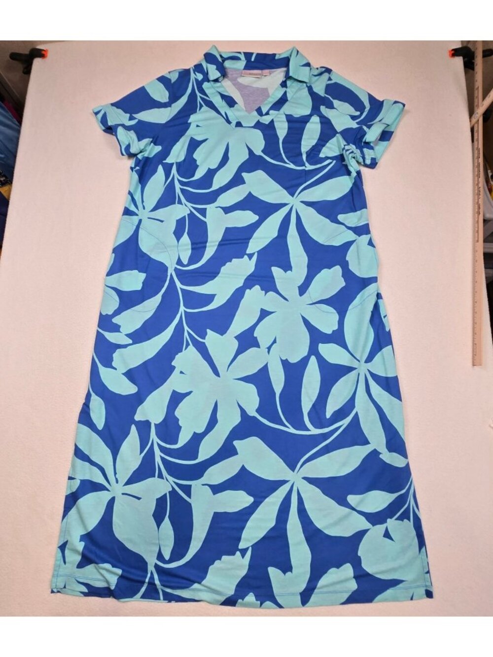 Belle Beach Kim Gravel 1X Short Sleeve Cabana Maxi Dress Blue Floral Leaf